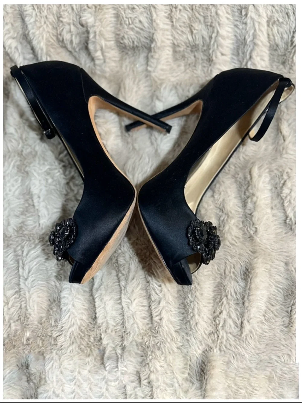 Badgley Mischka Black Satin Crystal Peep Toe Heels ~ Size 6.5 ~ Item #SH334